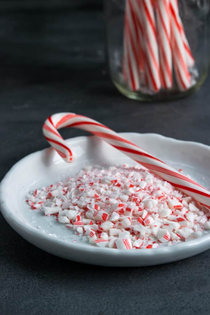 Crushed candy cane for peppermint rim on glass.