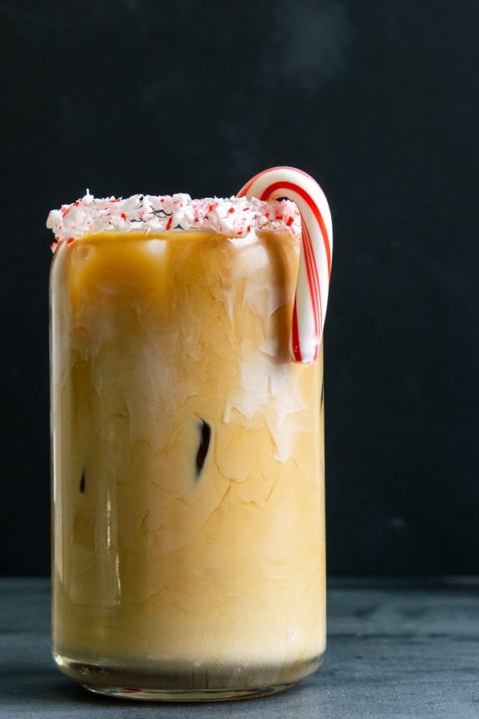 peppermint iced coffee with candy cane