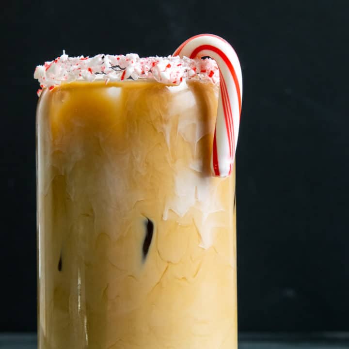 peppermint iced coffee with candy cane