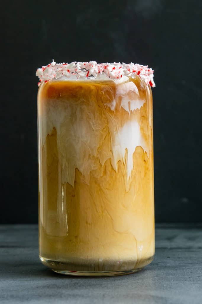 Peppermint iced coffee made with Starbucks bottled iced coffee, cream and peppermint.