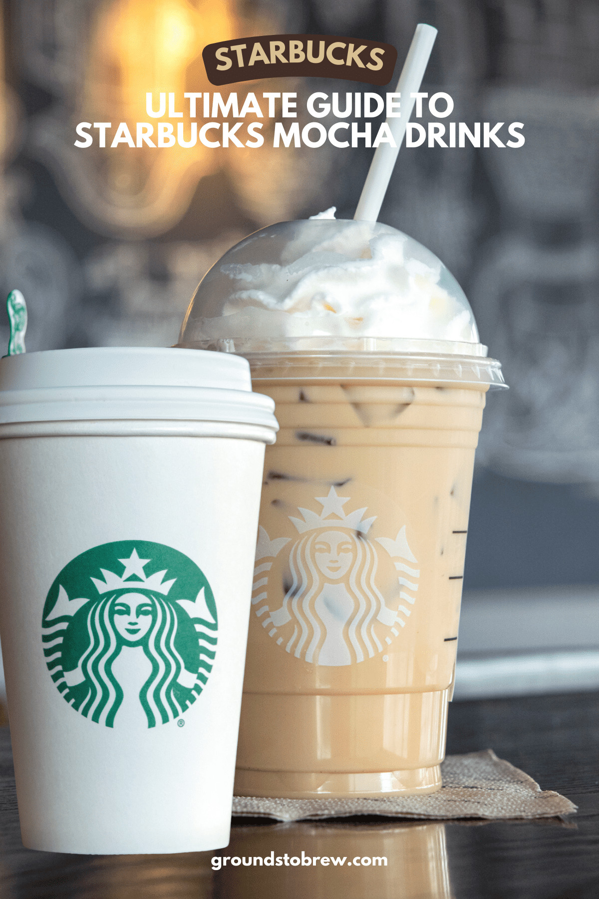 Starbucks hot mocha drink and an iced white chocolate mocha.