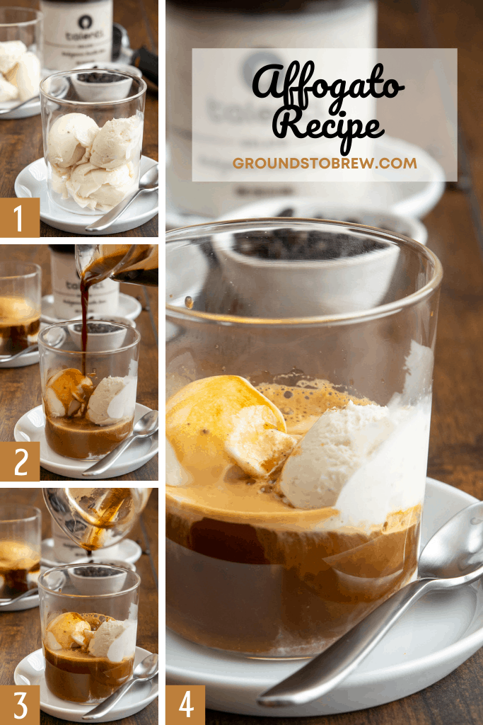 Pictures showing affogato recipe in four steps.