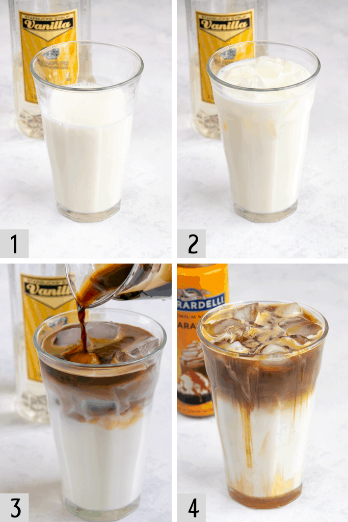 Steps to make iced caramel macchiato.