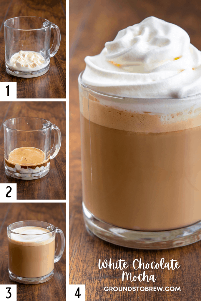 Four steps to make a white chocolate mocha beginning with white chocolate chips in cup through whipped cream on top.