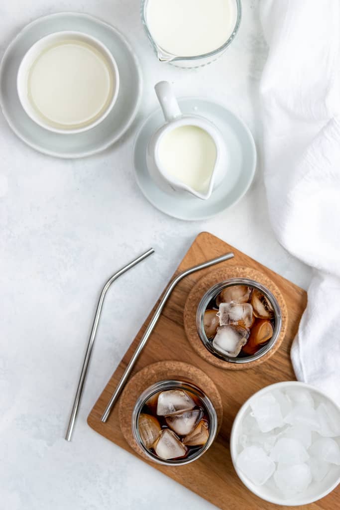 Vanilla syrup, heavy cream, milk and two glasses of cold brew coffee.
