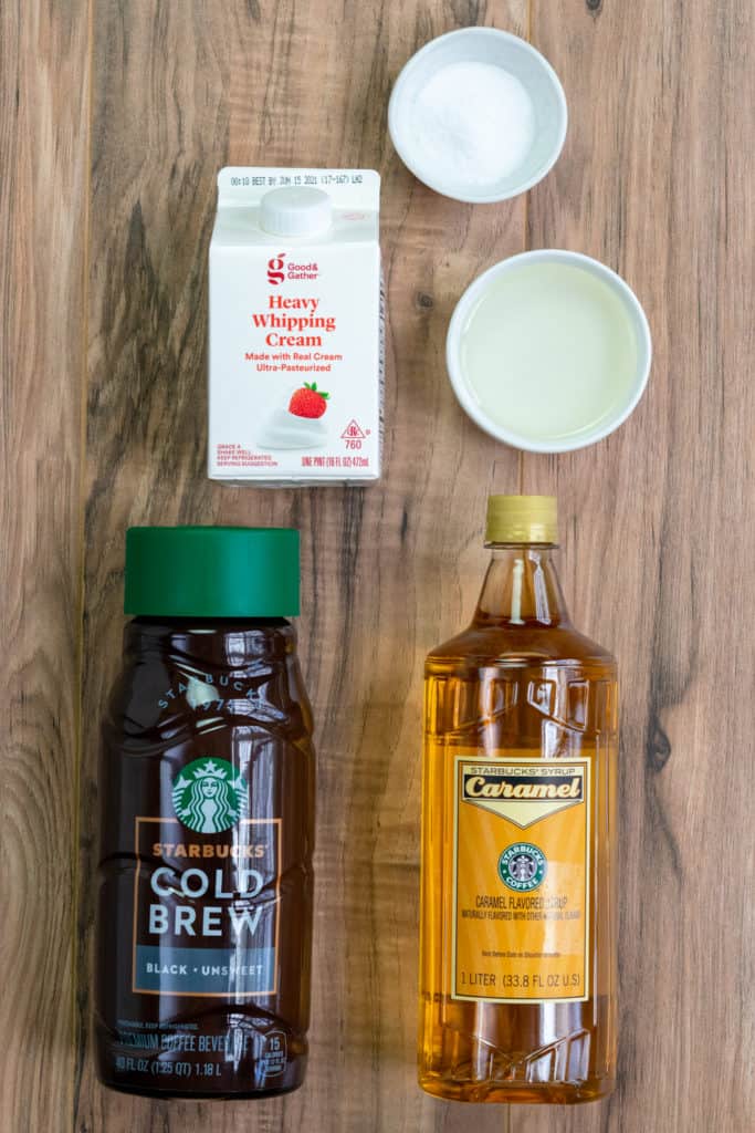 Ingredients to make a Salted Caramel Cream Cold Brew drink at home.
