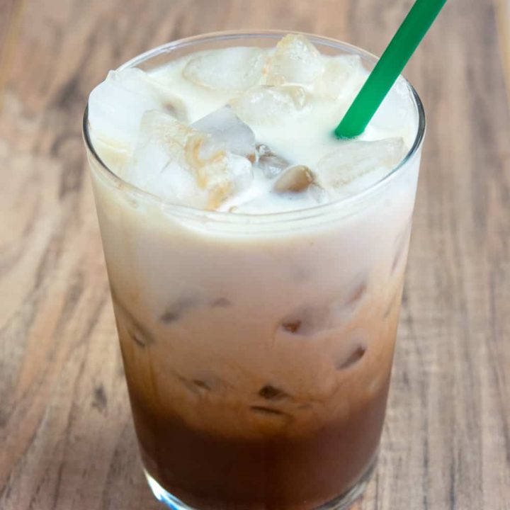 Starbucks iced chocolate almondmilk shaken espresso made from copycat recipe.