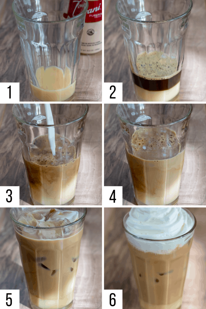 Six steps to make an iced white chocolate mocha.