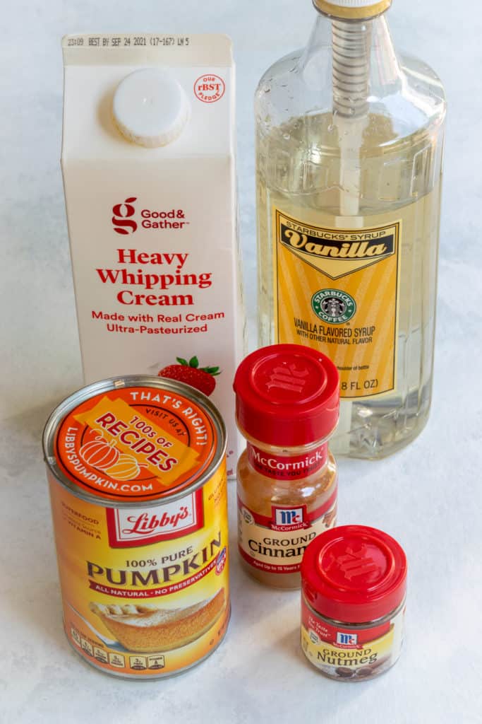 Ingredients to make diy Starbucks pumpkin cold foam at home.