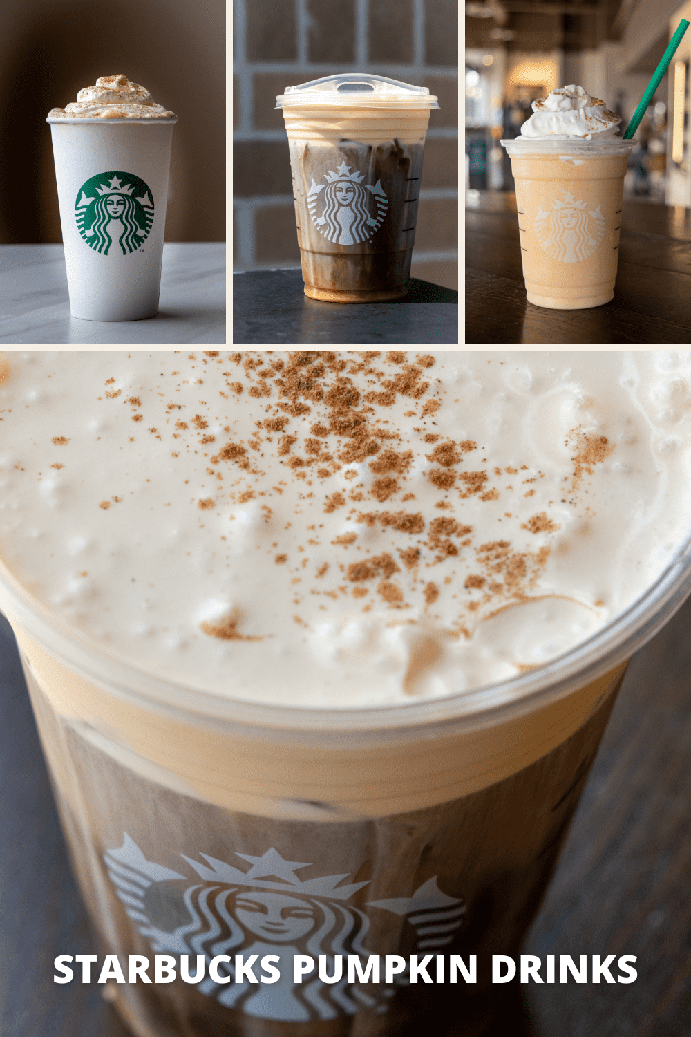 Lineup of Starbucks pumpkin drinks.