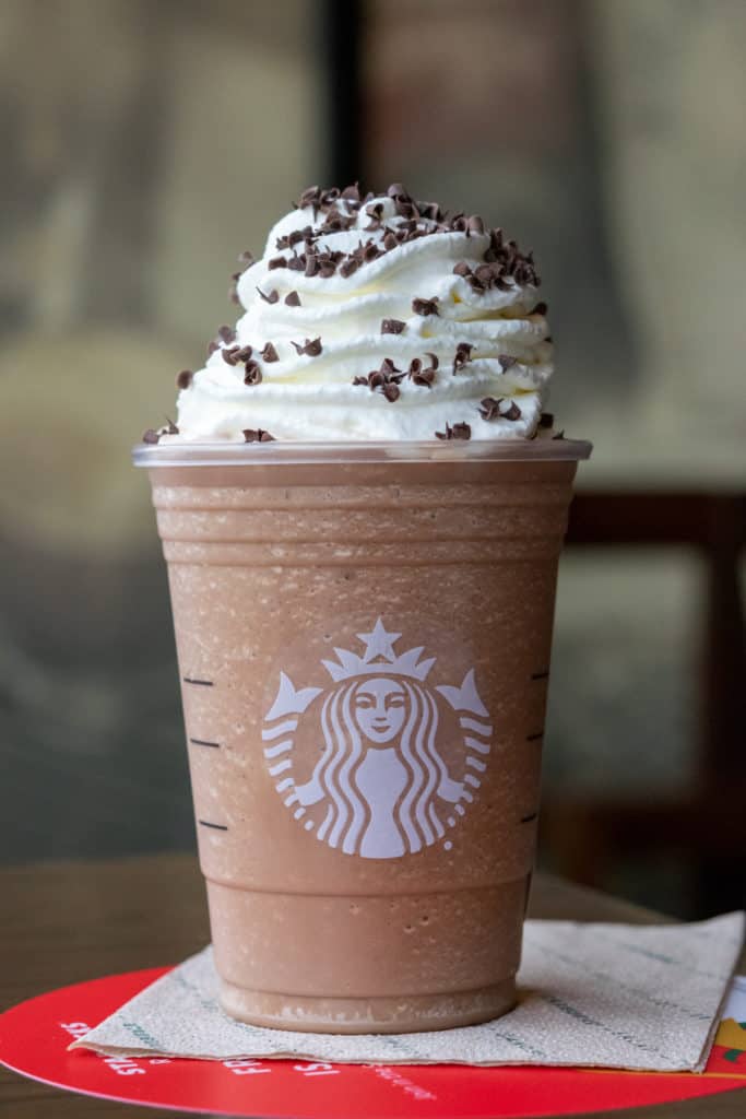 Peppermint Mocha Frappuccino with dark chocolate curls on top for the holidays.