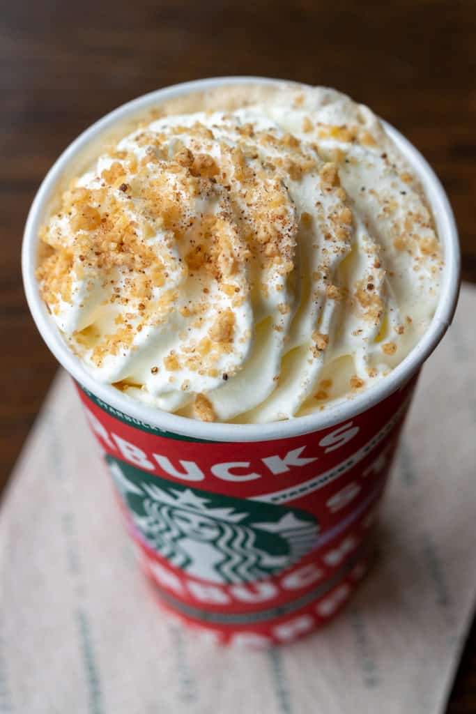 Spiced praline crumb topping on a Chestnut Praline Latte at Starbucks.