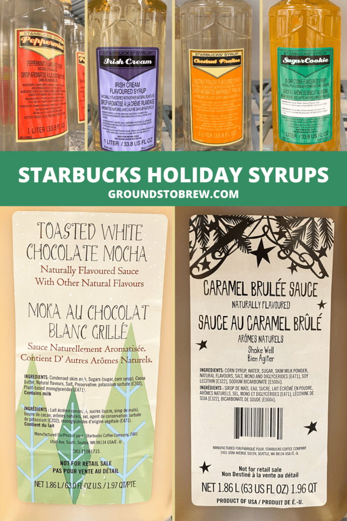 Lineup of Starbucks holiday syrups.