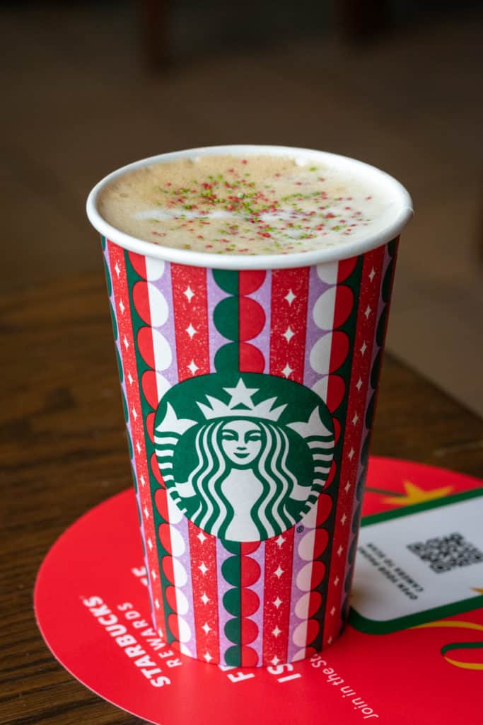 Starbucks Sugar Cookie Latte in holiday cup.