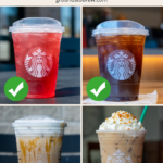 Grid showing two Low Calorie Starbucks drinks and two drinks to avoid.