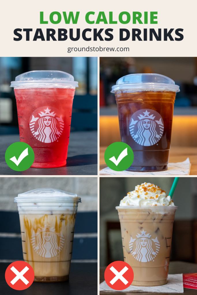 Grid showing two Low Calorie Starbucks drinks and two drinks to avoid.