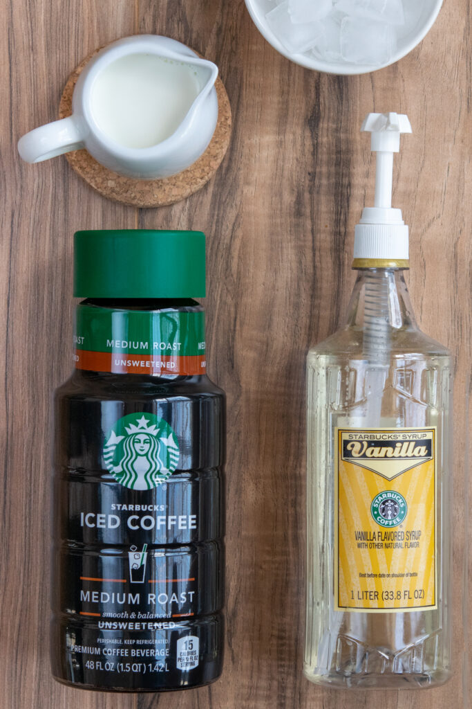 Ingredients to make a copycat Starbucks vanilla iced coffee at home.
