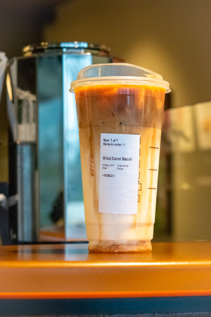 A Venti Starbucks Iced Caramel Macchiato.