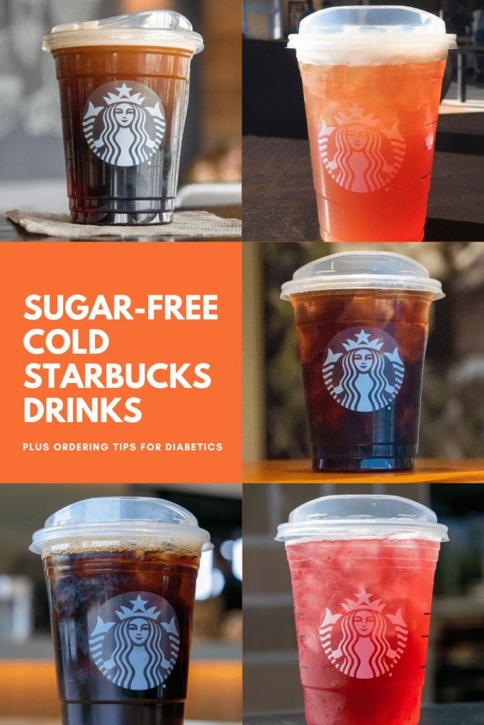 Grid of 5 sugar-free cold drinks at Starbucks for diabetics or anyone counting carbs.