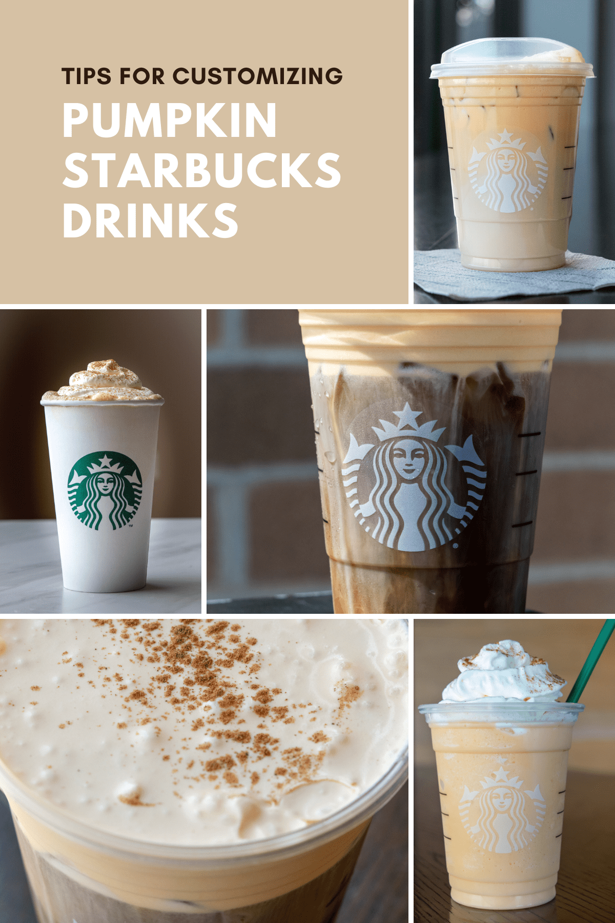 Collage of 5 customized pumpkin drinks at Starbucks.