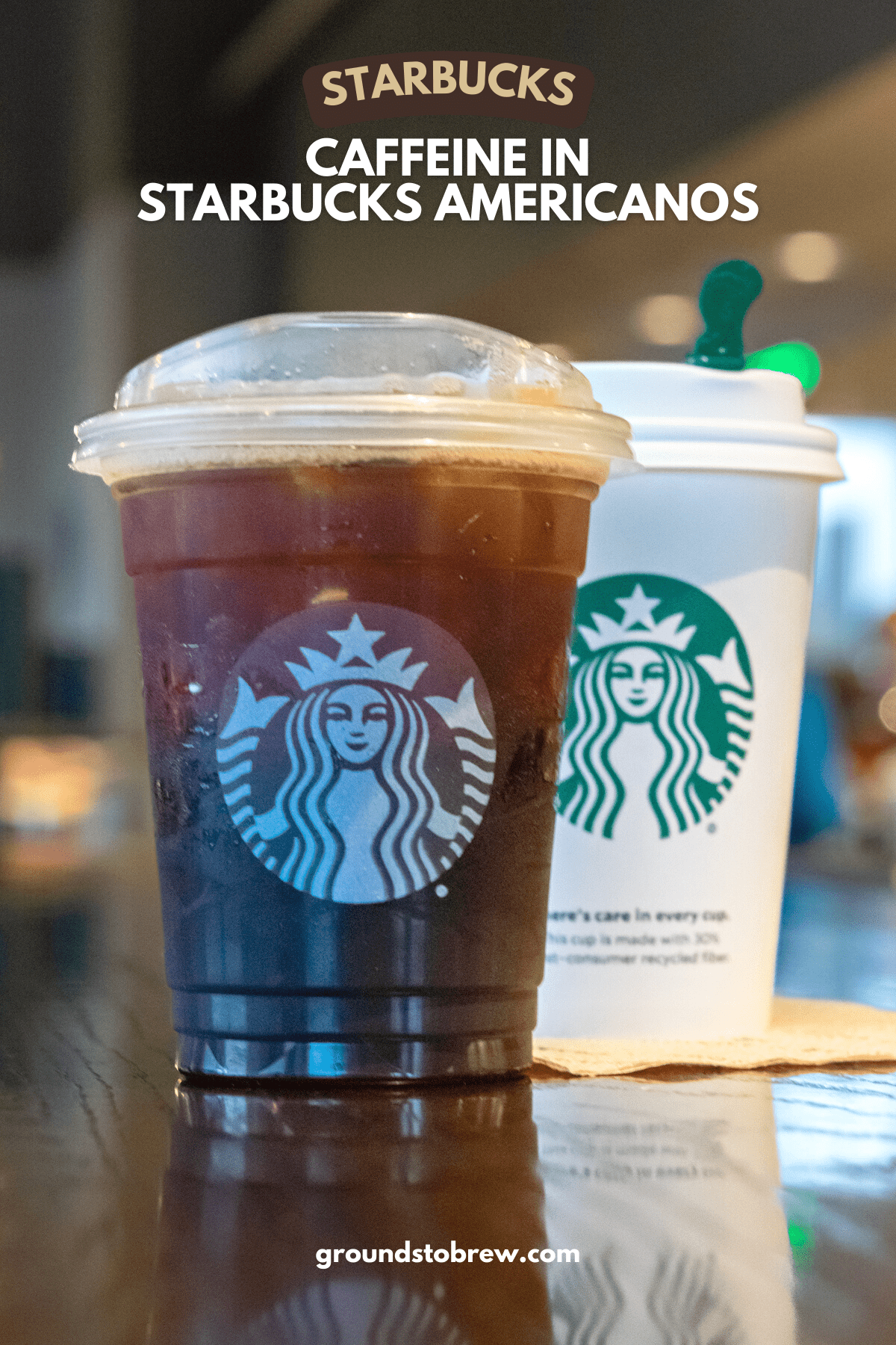 Iced Starbucks Americano and a hot Americano in Starbucks cup.