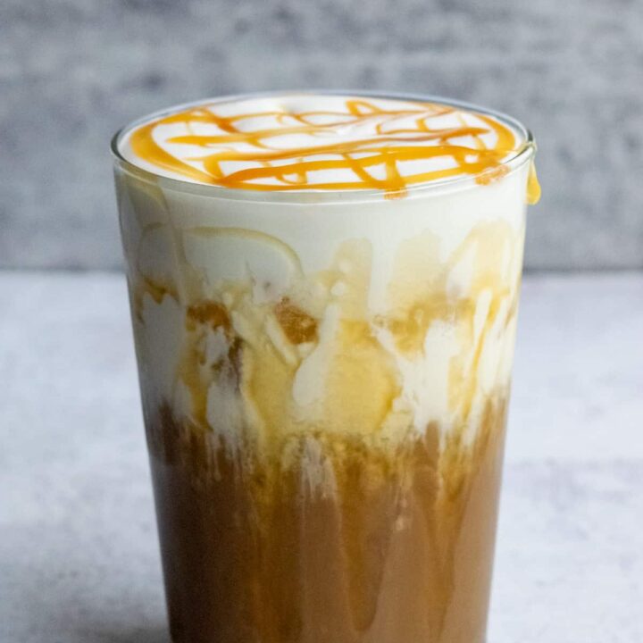 Iced White Mocha with Sweet Cream Foam & Caramel