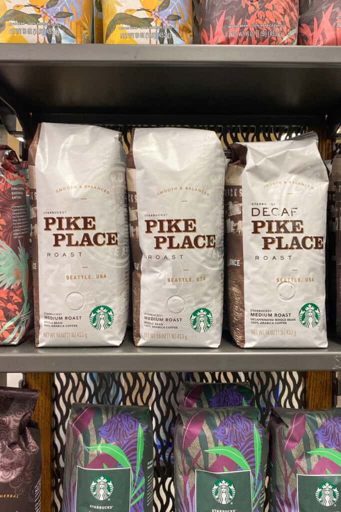 Bags of Starbucks Pike Place coffee with caffeine and decaf.