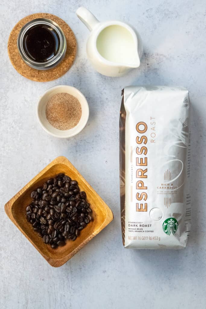 Ingredients to make a Starbucks cinnamon dolce latte at home.