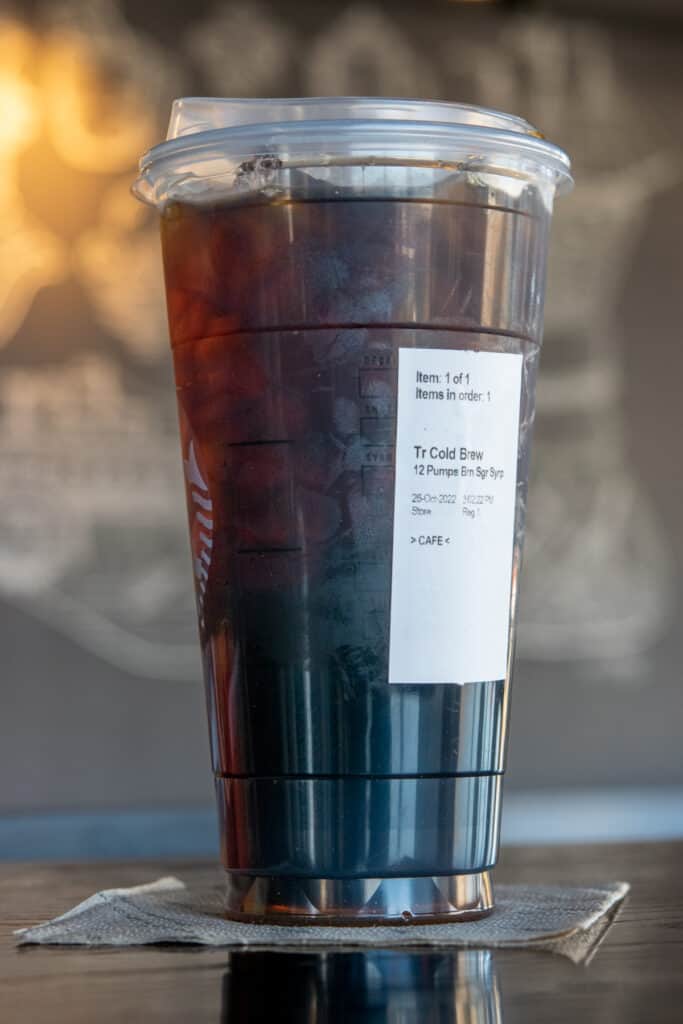 A Starbucks trenta size cold brew coffee