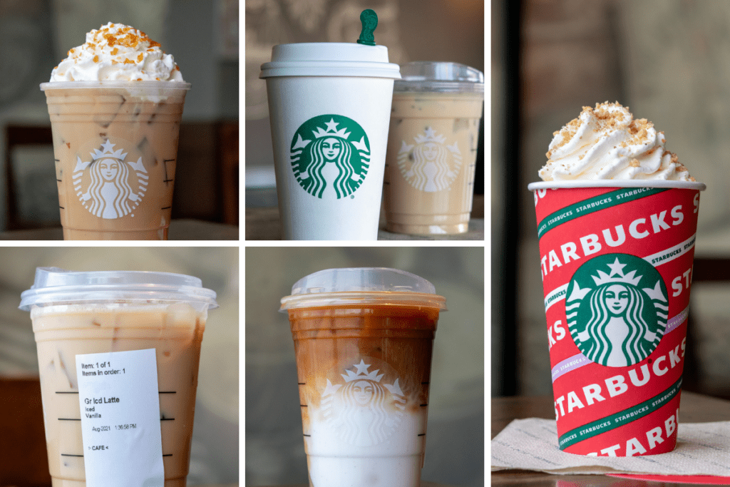 Grid showing 5 flavors of Starbucks hot and iced lattes.