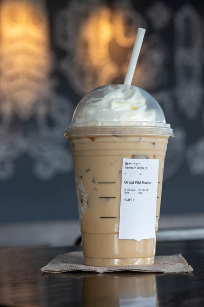 A Starbucks iced white chocolate mocha.