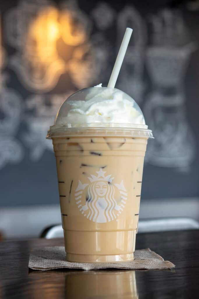 A Starbucks Iced White Chocolate Mocha with 2% milk and espresso.