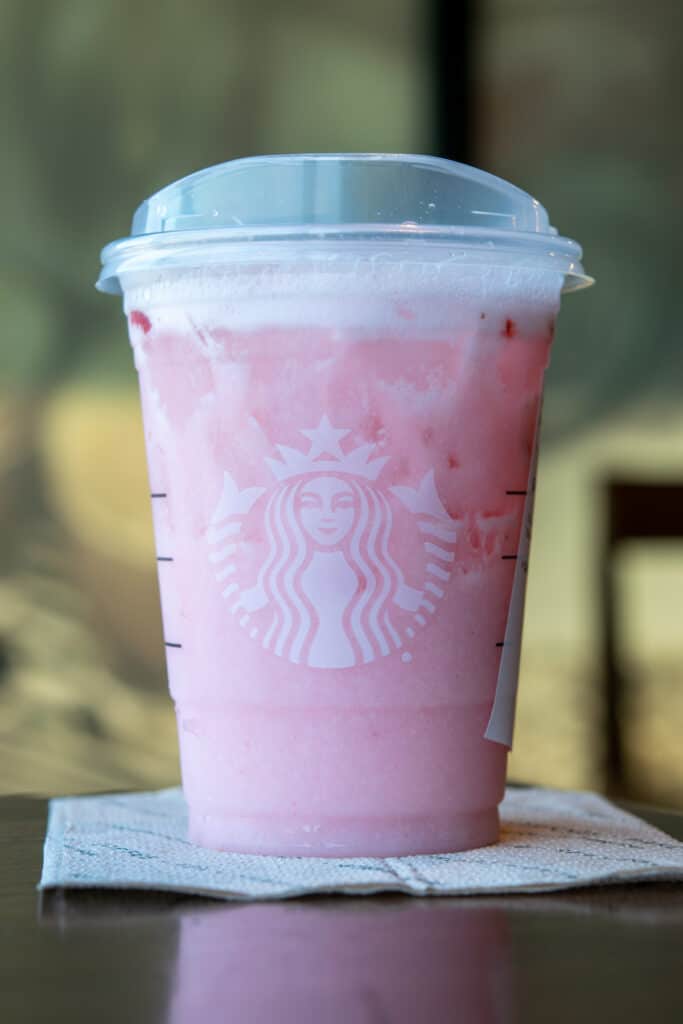 A Starbucks Pink Drink with coconut milk in it.