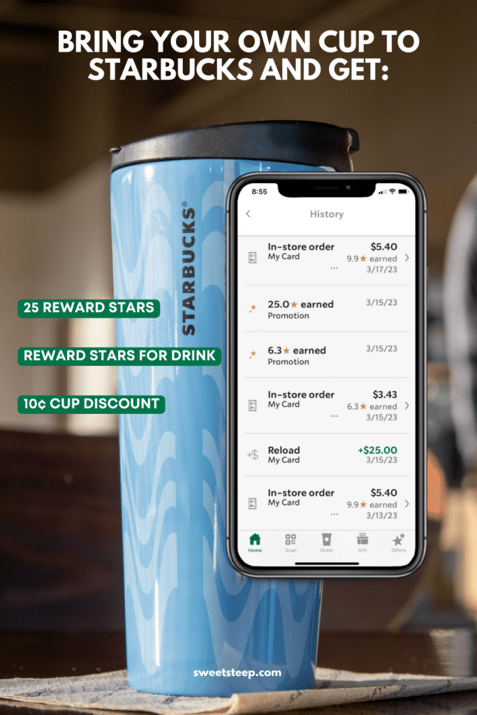 A Starbucks personal cup and list of benefits for bringing your own cup to Starbucks.