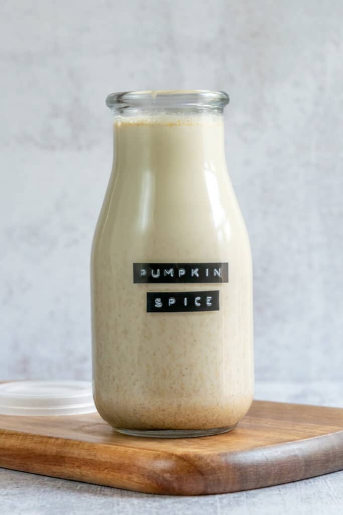 Bottle of homemade pumpkin spice coffee creamer.