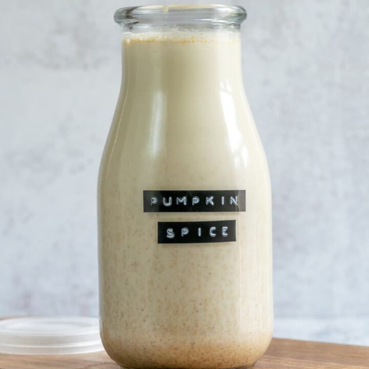 Bottle of homemade pumpkin spice coffee creamer.