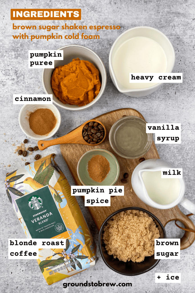 Every ingredient needed to make this at-home recipe for an iced pumpkin brown sugar shaken espresso.