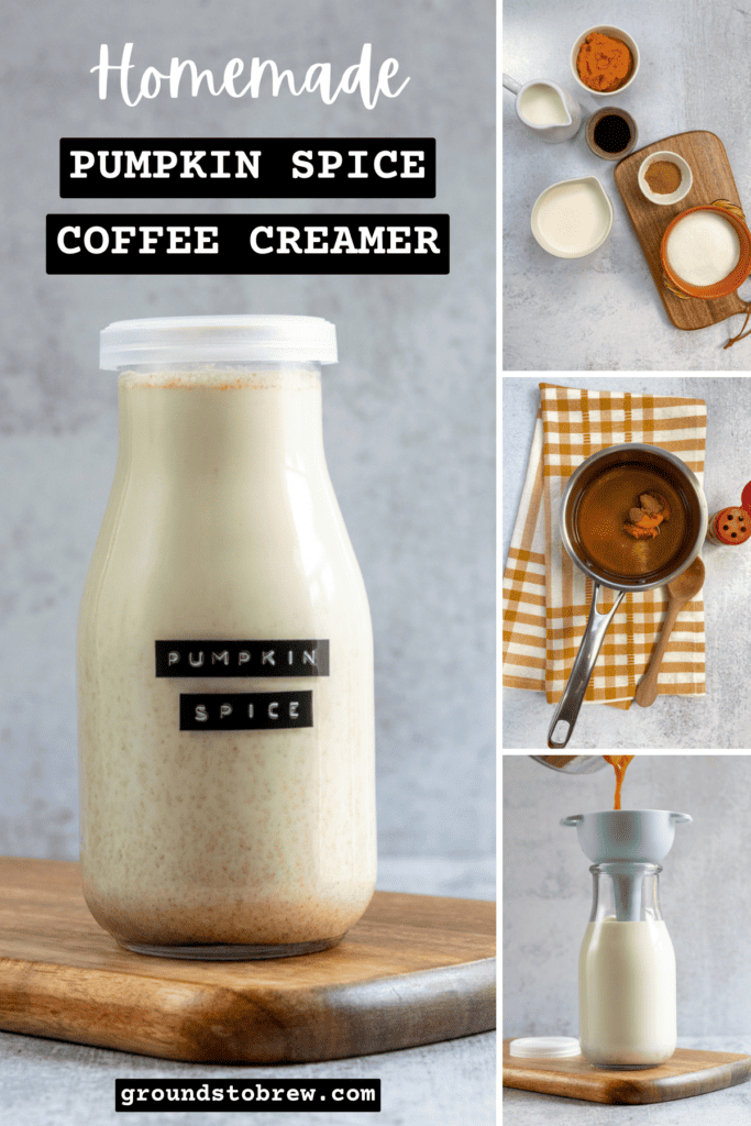 Pinterest pin showing a bottle of homemade pumpkin spice coffee creamer and the ingredients to make the recipe.