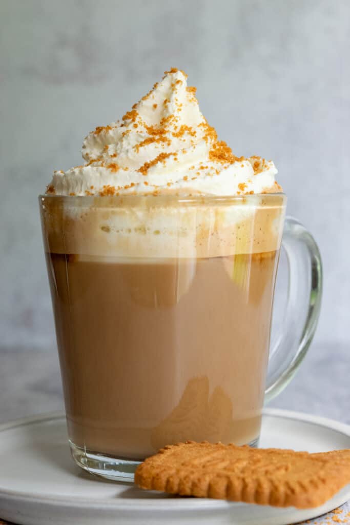 A decadent Biscoff Latte made at home showing topped with a big dollop of whipped cream and cookie crumbs, on a plate with two Lotus Biscoff cookies.