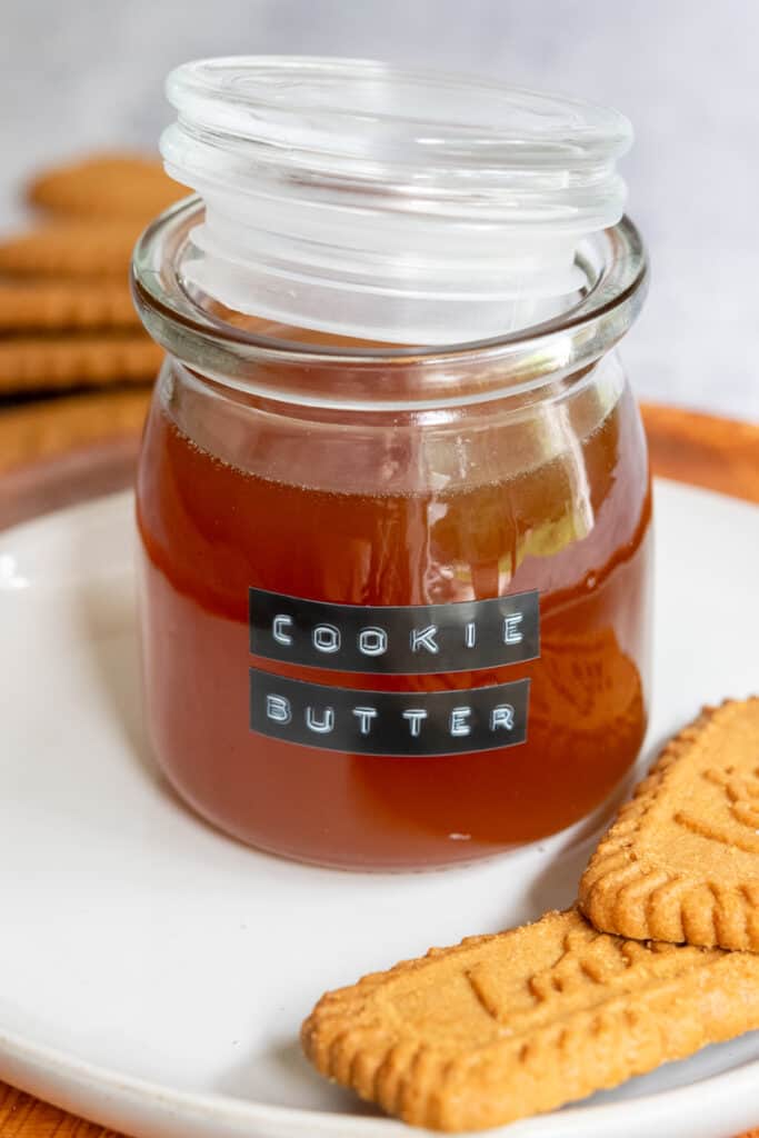 Homemade cookie butter syrup and Biscoff Lotus cookies.