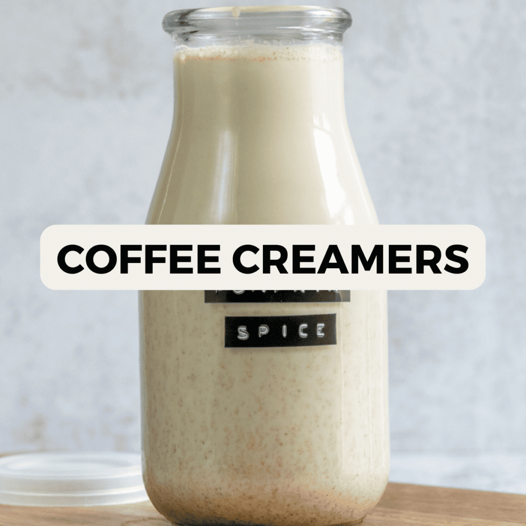 Circular image of a bottle of homemade coffee creamer that links to coffee creamer recipes.