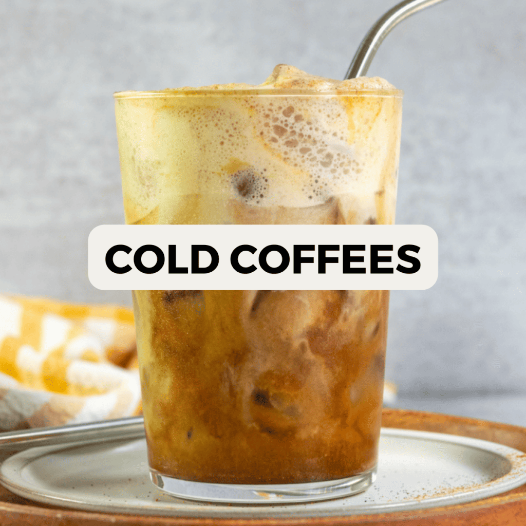 Circular image of an iced coffee that links to cold coffee recipes.