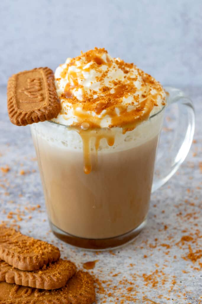 Homemade cookie butter latte with a Biscoff Lotus cookie sitting in the whipped cream which has cookie crumbs sprinkled on it along with some cookie butter sauce.