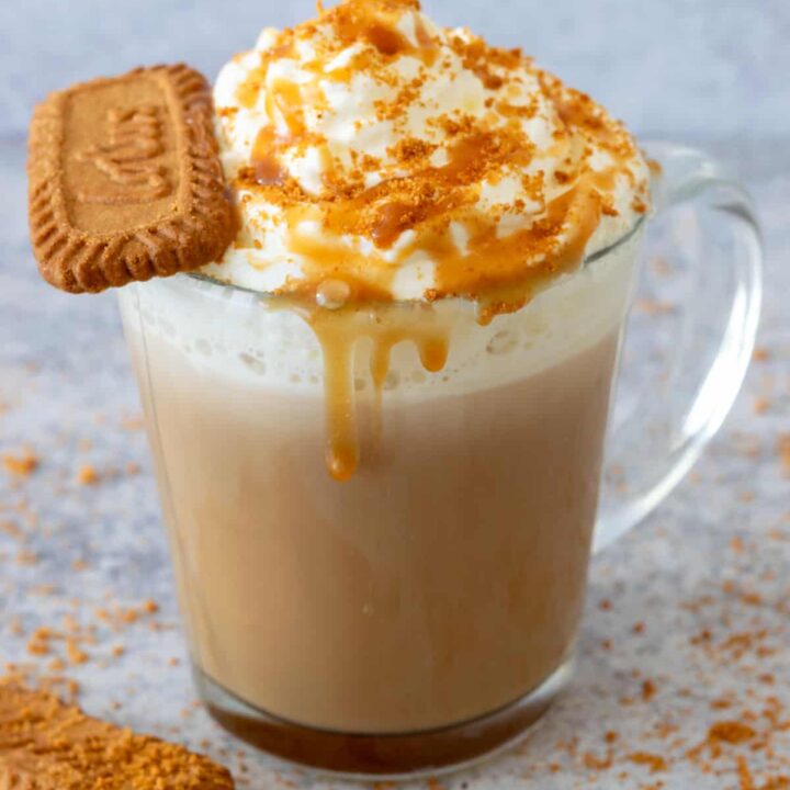 Homemade cookie butter latte with a Biscoff Lotus cookie sitting in the whipped cream which has cookie crumbs sprinkled on it along with some cookie butter sauce.