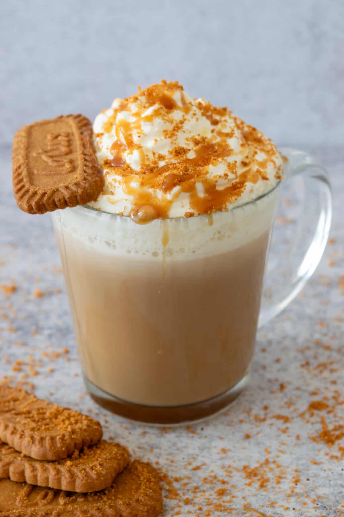 A cookie butter latte topped with crushed Biscoff cookie crumbs and homemade cookie butter sauce on a big dollop of whipped cream.