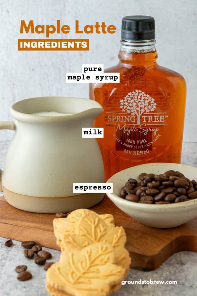 The ingredients need to make a maple latte, including a pitcher of milk, bowl of espresso beans and bottle of pure maple syrup.