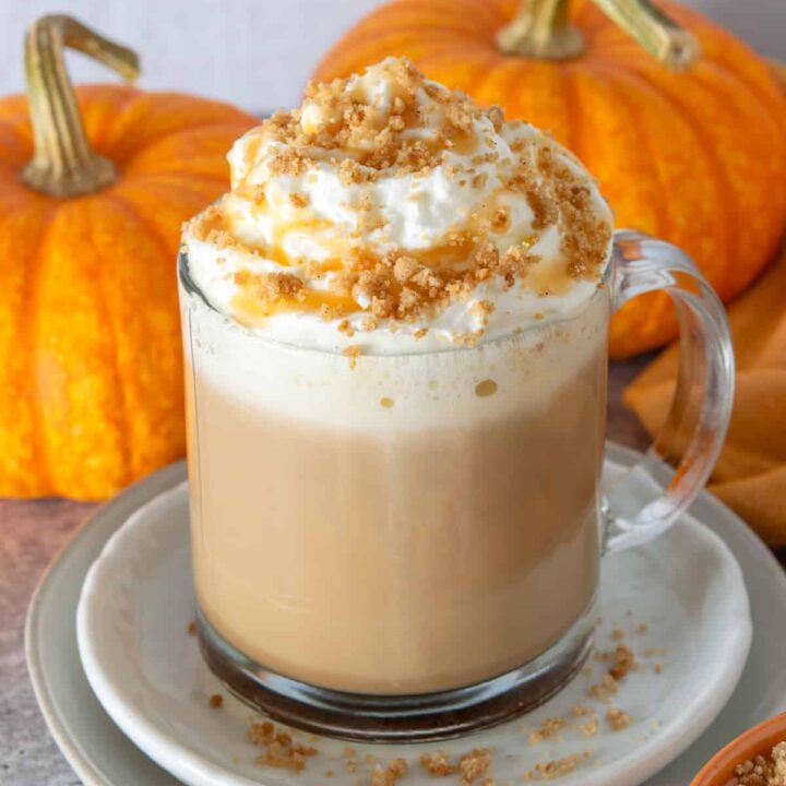Homemade Pumpkin Pie Latte with spice pie crust topping and caramel drizzle.