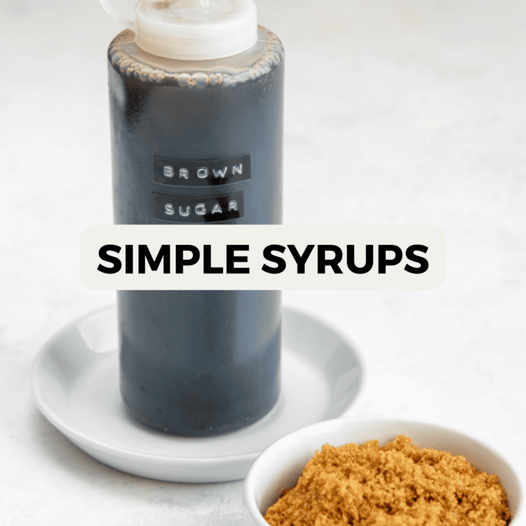 Circular image of a bottle of coffee syrup that links to simple syrup recipes.