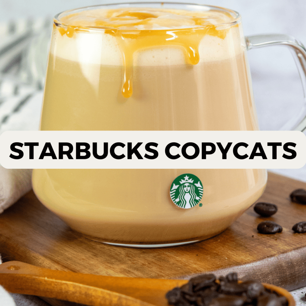 Circular image of a homemade Starbucks caramel macchiato that links to Starbucks copycat recipes.