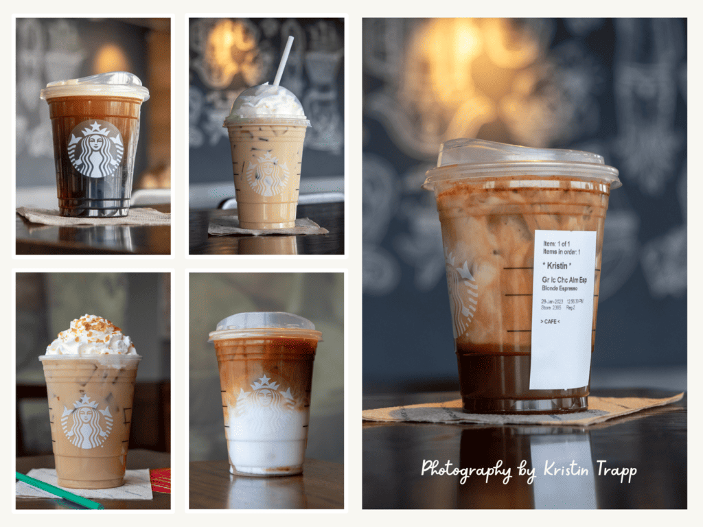 Collage of Starbucks drink photography by Kristin Trapp for Grounds to Brew.